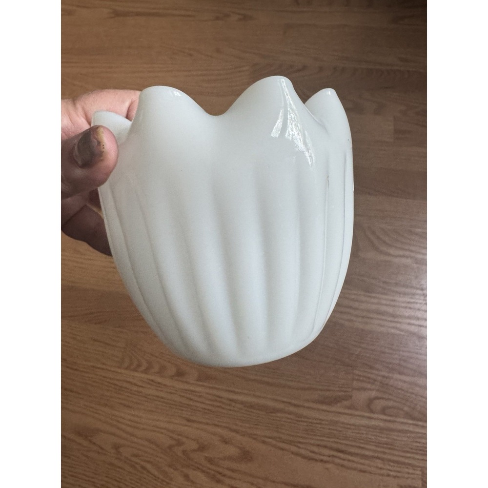Vintage White Milk Glass Ruffled Rim Vase, Ribbed Panel Sides, 1950s-1970s